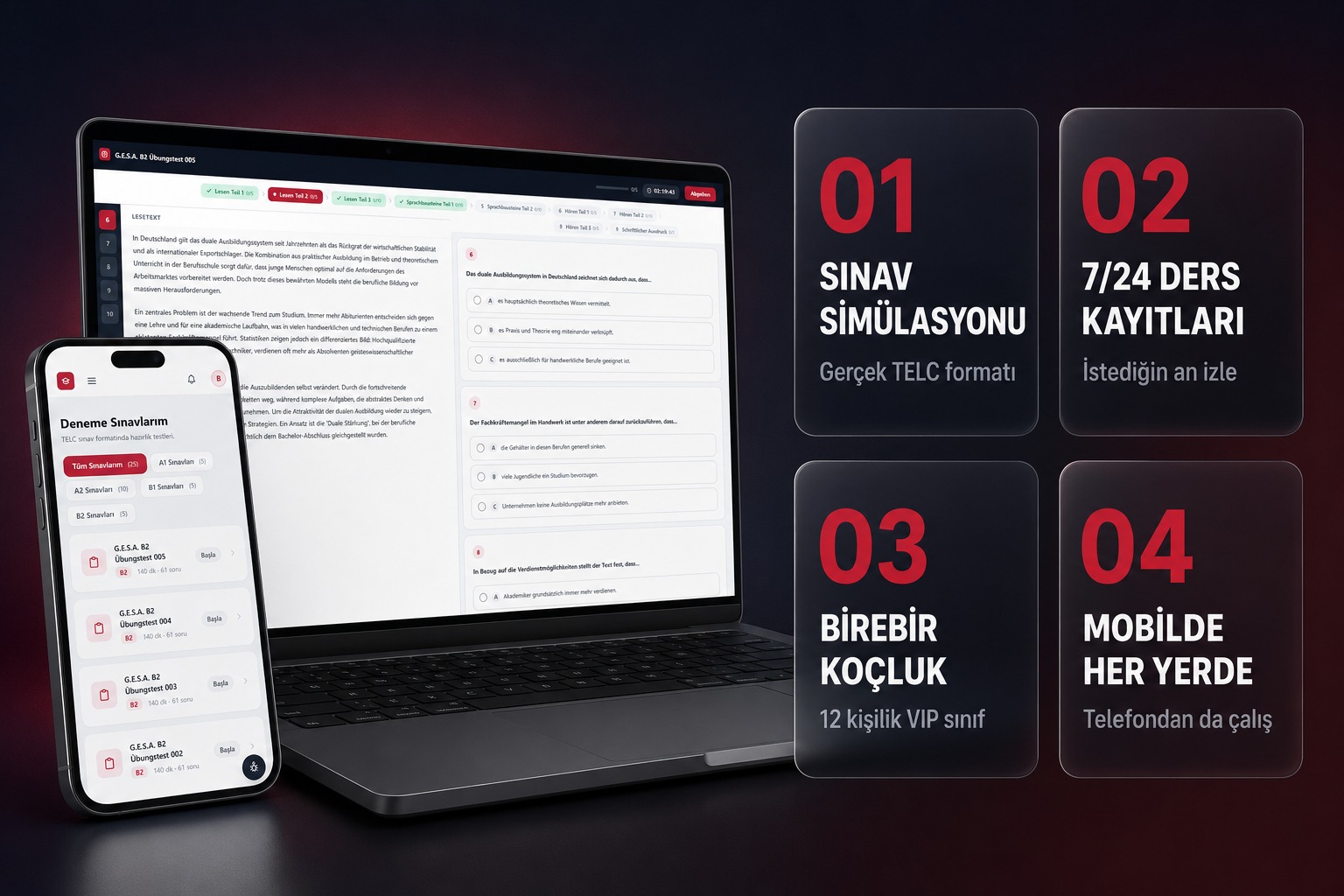 GöçmenAkademie platformu — sınav simülasyonu, 7/24 ders kayıtları, birebir koçluk ve mobilde her yerde erişim