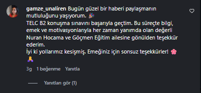 TELC B2 konuşma sınavını geçtiğini anlatan öğrenci yorumu