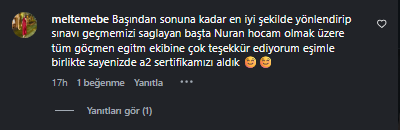 Eşiyle birlikte A2 sertifikası aldığını anlatan öğrenci yorumu